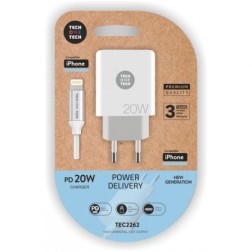 Cargador de Pared Tech One Tech TEC2262- 1xUSB Tipo-C + Cable Lightning- 3A- Blanco