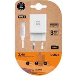 Cargador de Pared Tech One Tech TEC2403- 2xUSB + Cable USB Tipo-C- 2-4A- Blanco