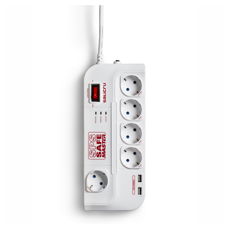 Regleta con interruptor Salicru SAFE MASTER- 5 Tomas de corriente- 1 Master- 2 USB- Cable 1-8m- Blanca