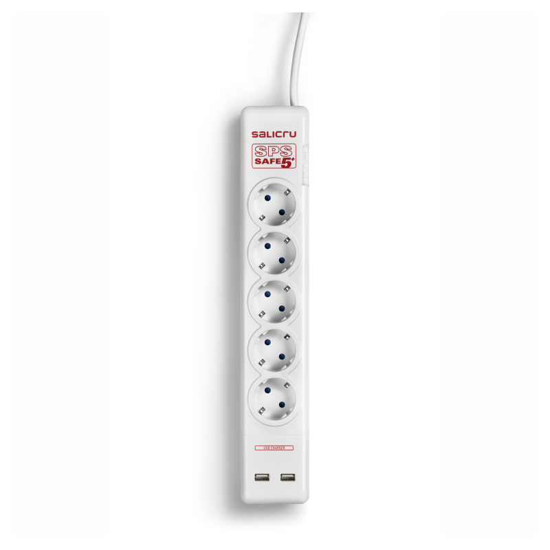 Regleta con interruptor Salicru SAFE 5+- 5 Tomas de corriente- 2 USB- Cable 1-5m- Blanca