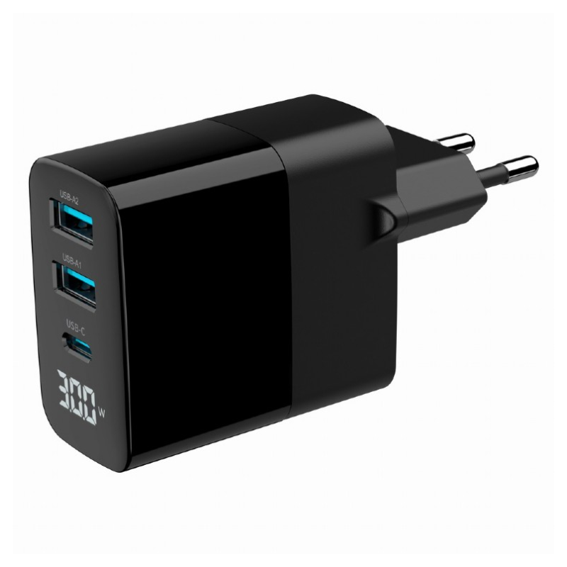 CARGADOR RAPIDO USB GEMBIRD GAN DE 3 PUERTOS Y 30 W, LCD, NEGRO