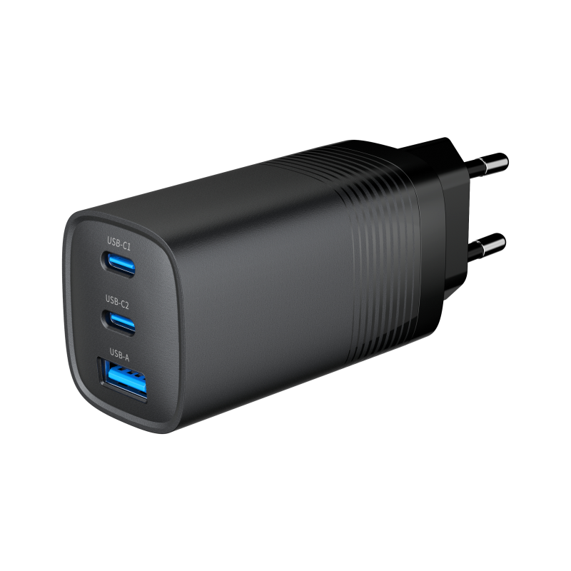 CARGADOR RAPIDO USB GEMBIRD POWER DELIVERY GAN DE 3 PUERTOS Y 65 W, NEGRO