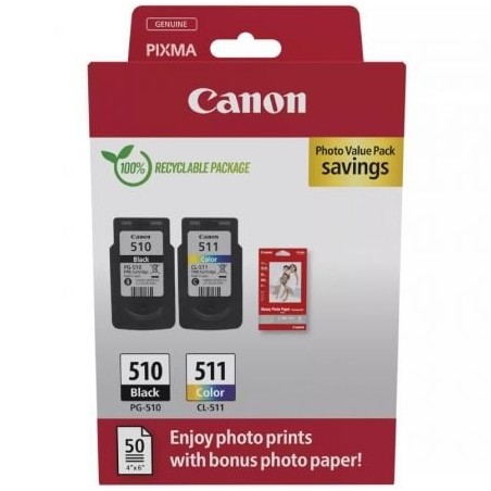 Cartucho de Tinta Original Canon PG-510 + CL-511 Multipack- Negro- Tricolor + Papel Fotográfico