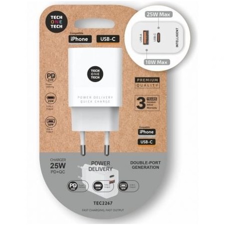 Cargador de Pared Tech One Tech TEC2267- 1xUSB Tipo-C- 1xUSB- 3A- Blanco