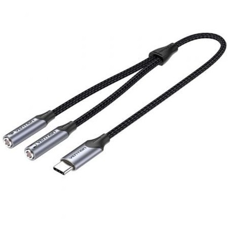 Cable Conversor USB Tipo-C Vention BGNHY- USB Tipo-C Macho - 2x Jack 3-5 Hembra- 30cm- Gris