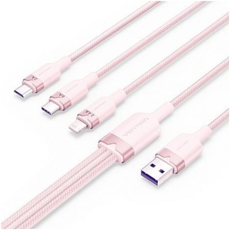 Cable USB 2-0 Lightning Vention CTPPG- USB Macho- USB Tipo-C Macho - MicroUSB Macho - Lightning Macho- 1-5m- Rosa