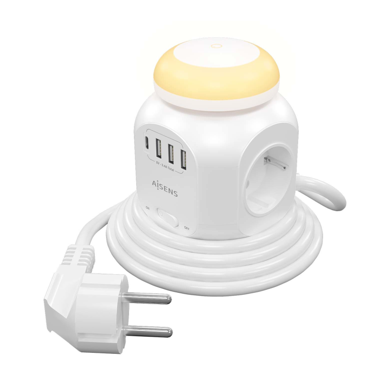 Regleta con Interruptor y Luz Nocturna Aisens ASPS-3A1CL01-W- 4 Tomas de Corriente- 1 USB Tipo-C- 3 USB- Cable 1-8m- Blanco