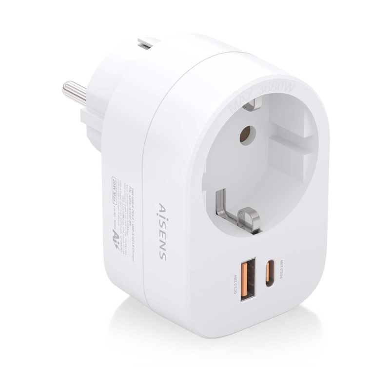 Enchufe Aisens ASPS-1A1C06-W- 1 Toma de Corriente- 1 USB Tipo-C PD- 1 USB- Blanco