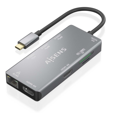 Docking USB Tipo-C Aisens ASUC-9P018-GR- 2xHDMI- 3xUSB- 1xRJ45- 1xLector Tarjetas- 1xUSB Tipo-C PD- Gris