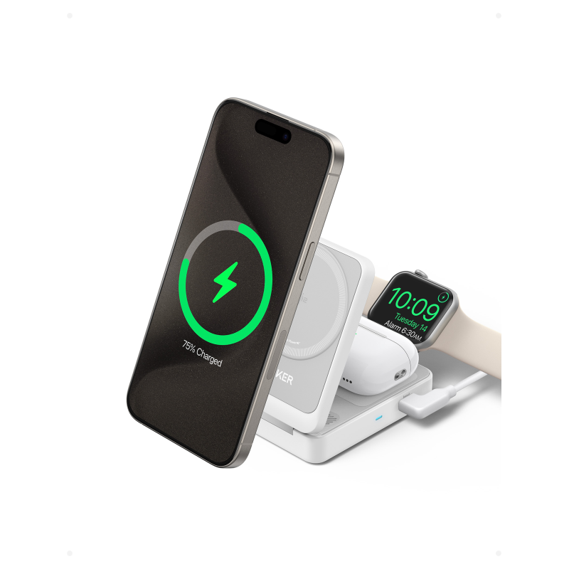 CARGADOR ANKER MAGGO MAGNETIC WIRELESS CHARGER 15W FOLDABLE 3-IN-1 WHITE EU PLUG