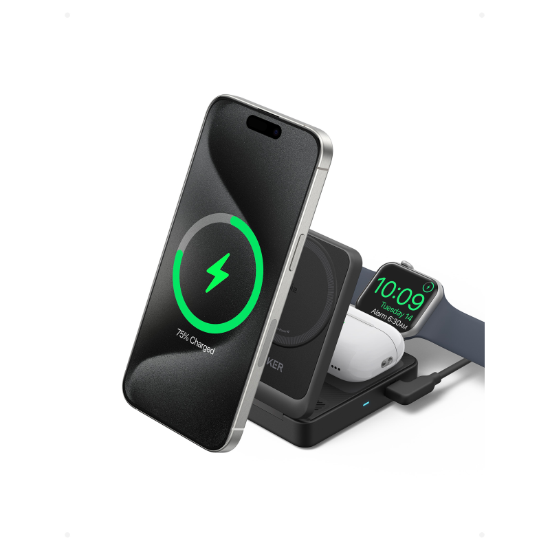 CARGADOR ANKER MAGGO MAGNETIC WIRELESS CHARGER 15W FOLDABLE 3-IN-1 BLACK EU PLUG