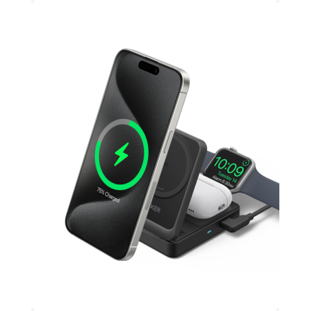 CARGADOR ANKER MAGGO MAGNETIC WIRELESS CHARGER 15W FOLDABLE 3-IN-1 BLACK EU PLUG