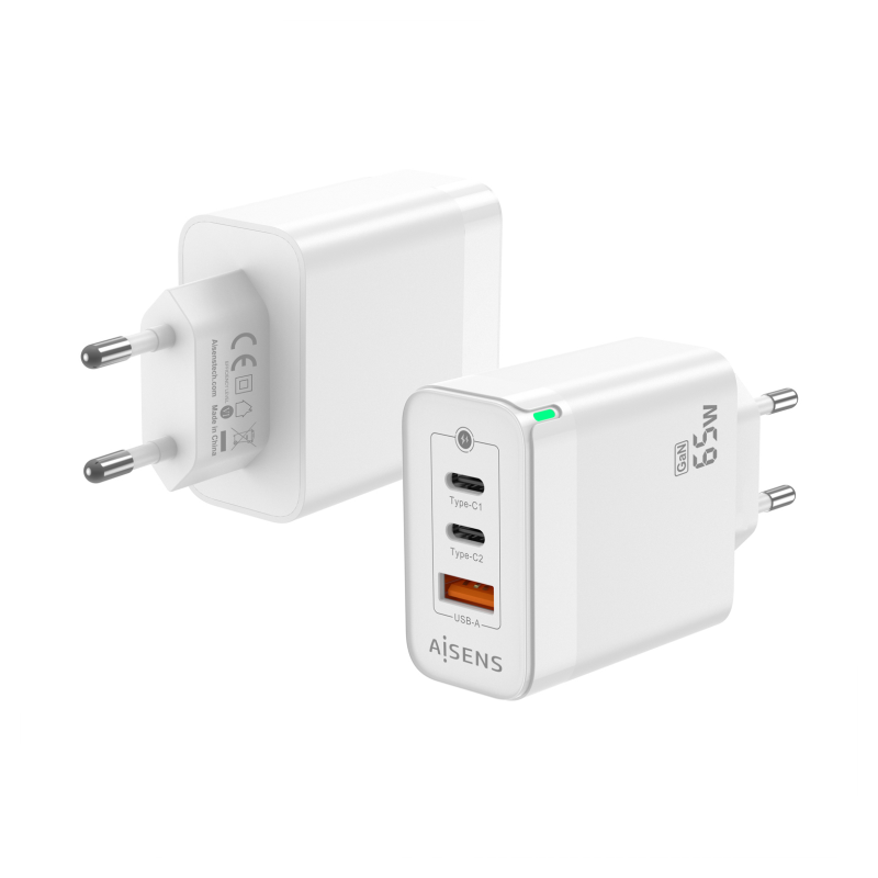 CARGADOR GAN AISENS 65W 2XUSB-C PD3-0 QC4-0 1XUSB-A QC3-0 BLANCO