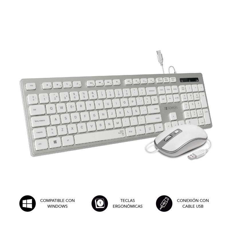 Teclado y Ratón Subblim Combo Wired Ergo Keys Silent Flat HQ- Plata y Blanco