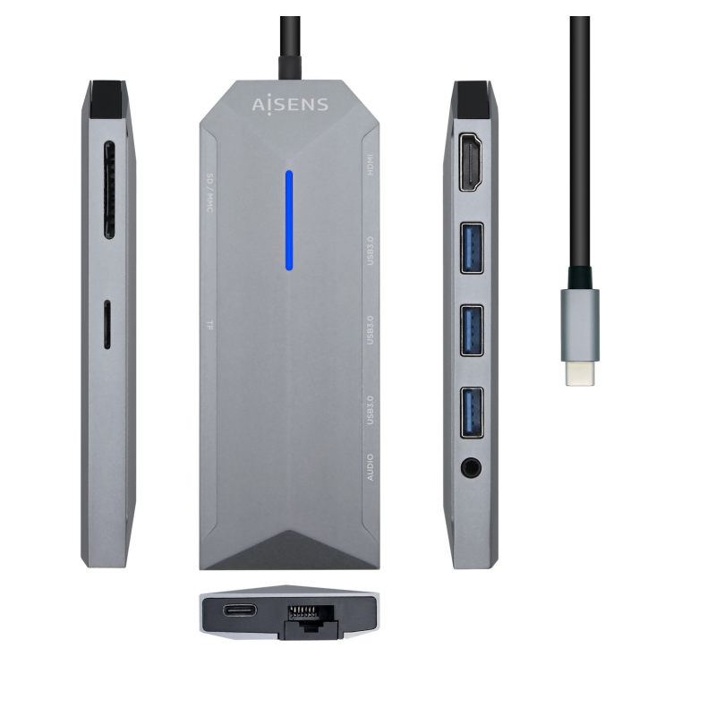 Docking USB Tipo-C Aisens ASUC-9P001-GR- 1xHDMI- 3xUSB- 1xRJ45- 1xAudio- 1xLector Tarjetas - 1xUSB Tipo-C PD- Gris