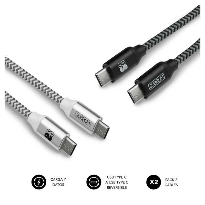 Cable USB 2-0 Tipo-C Subblim SUB-CAB-4CC001 Pack 2- USB Tipo-C Macho - USB Tipo-C Macho- 1m- Negro y Plata