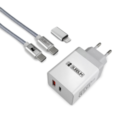 Cargador de Pared Subblim SUBCHG-3WPD10- 1xUSB Tipo-C- 1xUSB- Cable USB Tipo-C + Adaptador Lightning- 25W- Blanco