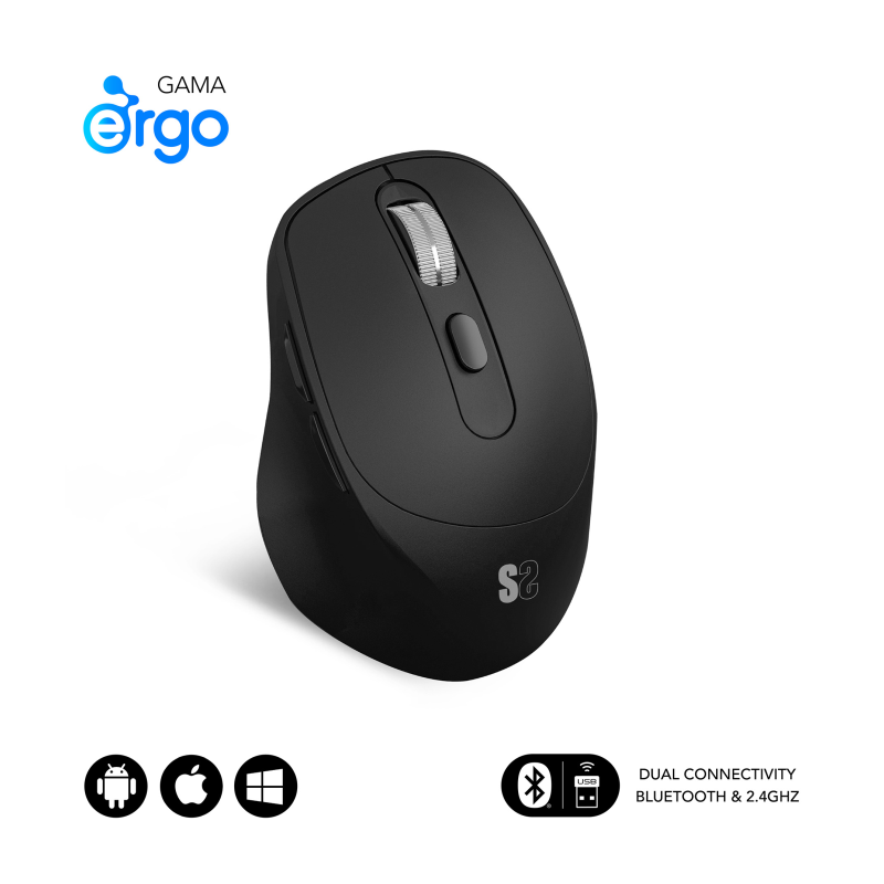 Ratón Ergonómico Inalámbrico por Bluetooth- 2-4GHz Subblim Comfort Ergo Dual Battery- Batería recargable- Hasta 2400 DPI- Negro