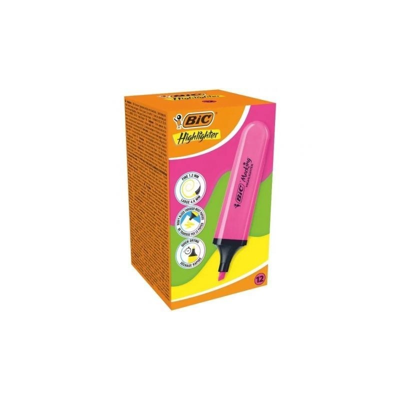 Caja de Marcadores Fluorescentes Bic Highlighter Flat Neón- 12 unidades- Rosas