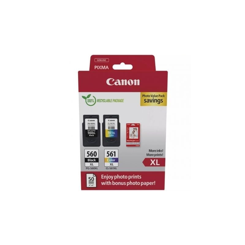 Cartucho de Tinta Original Canon PG-560XL + CL-561XL Multipack Alta Capacidad- Negro- Tricolor + Papel Fotográfico