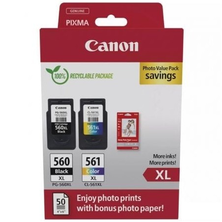 Cartucho de Tinta Original Canon PG-560XL + CL-561XL Multipack Alta Capacidad- Negro- Tricolor + Papel Fotográfico