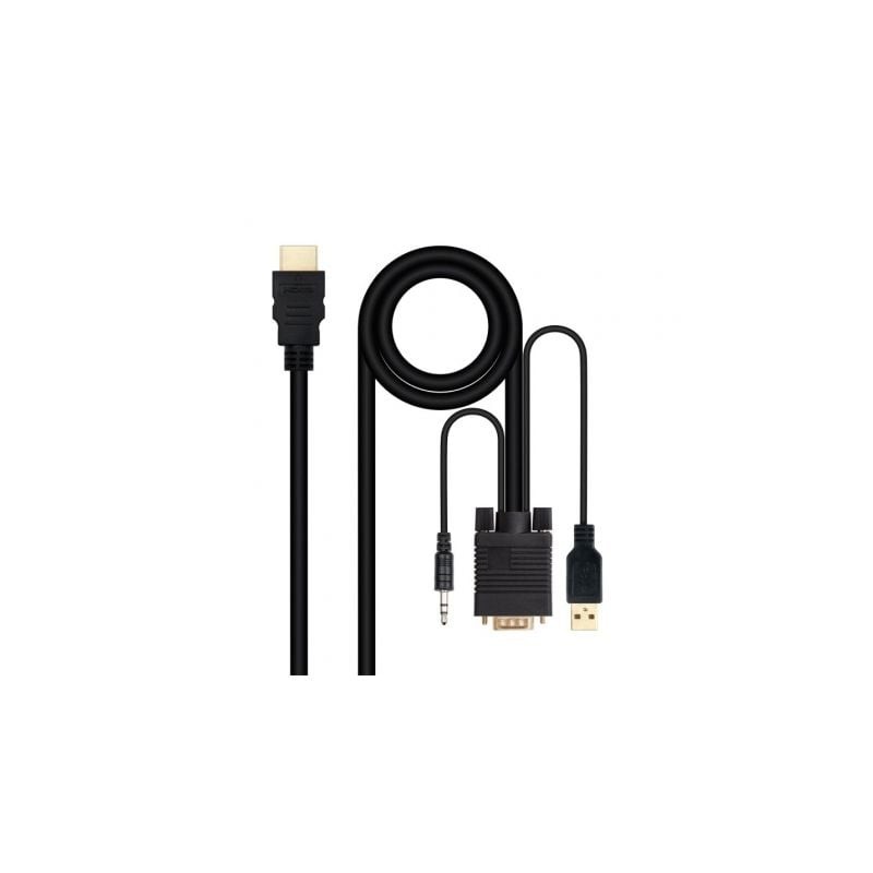 Cable Conversor Nanocable 10-15-4350- HDMI Macho - VGA Macho - Jack 3-5 Macho - USB Macho- 1-8m- Negro