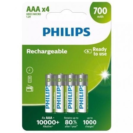 Pack de 4 Pilas AAA Philips R03B4A70-10- 1-2V- Recargables