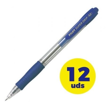 Caja de Bolígrafos de Tinta de Aceite Retráctil Pilot Super Grip M- 12 unidades- Azules