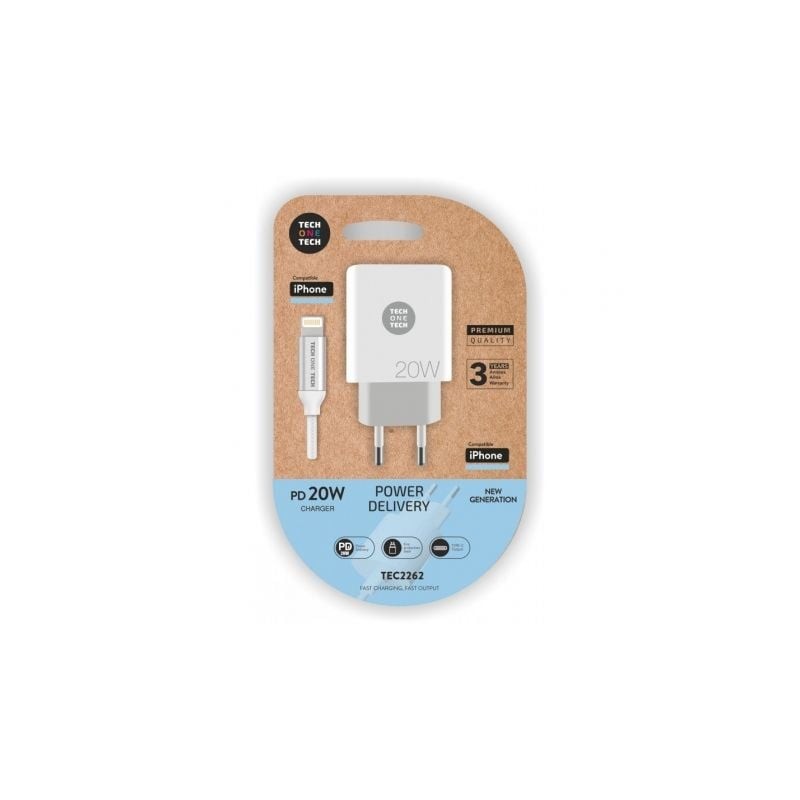 Cargador de Pared Tech One Tech TEC2262- 1xUSB Tipo-C + Cable Lightning- 3A- Blanco