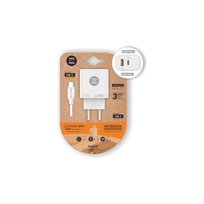 Cargador de Pared Tech One Tech GaN PD TEC2273 - 1xUSB Tipo-C- 1x USB- 65W