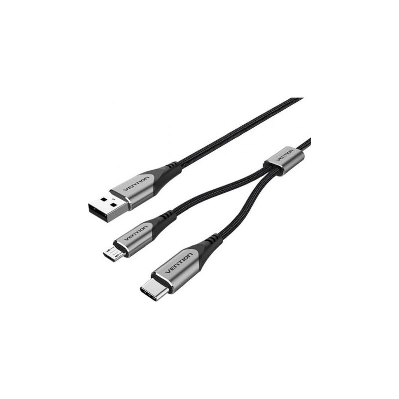 Cable USB 2-0 Vention CQGHD- USB Tipo-C Macho- MicroUSB Macho - USB Macho- 50cm- Negro