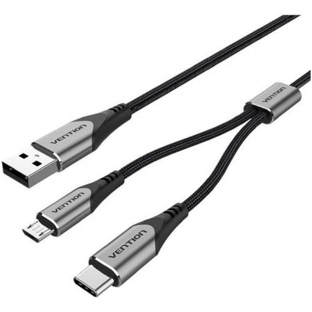 Cable USB 2-0 Vention CQGHD- USB Tipo-C Macho- MicroUSB Macho - USB Macho- 50cm- Negro