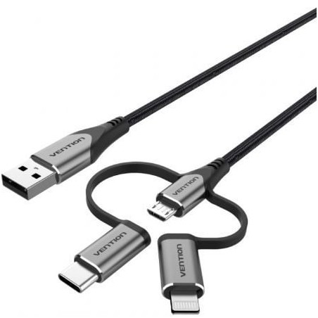 Cable USB Tipo-C Vention CQJHF- USB Macho- USB Tipo-C Macho - MicroUSB Macho - Lightning Macho- 1m- Gris