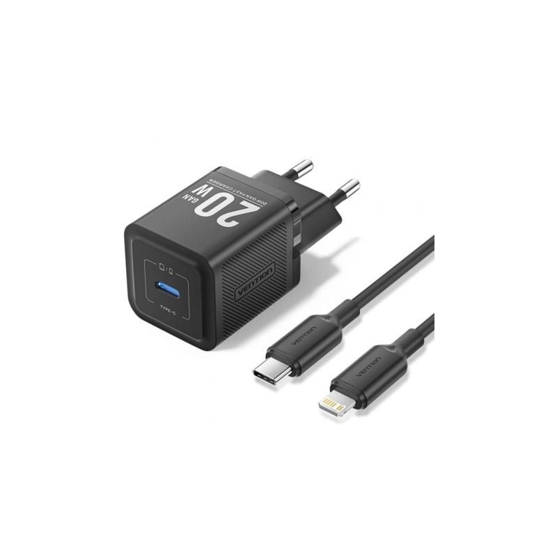 Cargador Gan de Pared Vention TZ-FEPB0-EU-02- 1xUSB Tipo-C + Cable Lightning- 20W