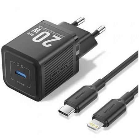 Cargador Gan de Pared Vention TZ-FEPB0-EU-02- 1xUSB Tipo-C + Cable Lightning- 20W