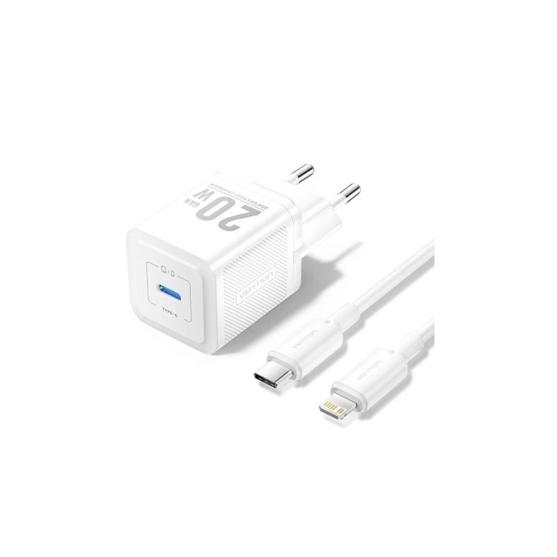 Cargador Gan de Pared Vention TZ-FEPW0-EU-02- 1xUSB Tipo-C + Cable Lightning- 20W