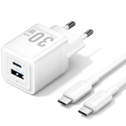 Cargador Gan de Pared Vention TZ-FEQW0-EU-01- 1xUSB Tipo-C- 1xUSB + Cable USB Tipo-C- 30W