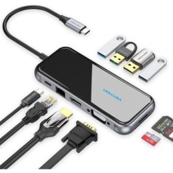 Docking USB Tipo-C Vention TFGHB- 1xVGA- 1xHDMI- 4xUSB- 1xUSB Tipo-C PD- 1xRJ45- 1xLector Tarjetas SD- Gris