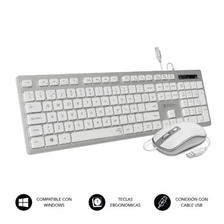 Teclado y Ratón Subblim Combo Wired Ergo Keys Silent Flat HQ- Plata y Blanco