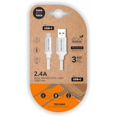 Cable USB 2-0 Tech One Tech TEC2006- USB Tipo-C Macho - USB Macho- 1m- Blanco