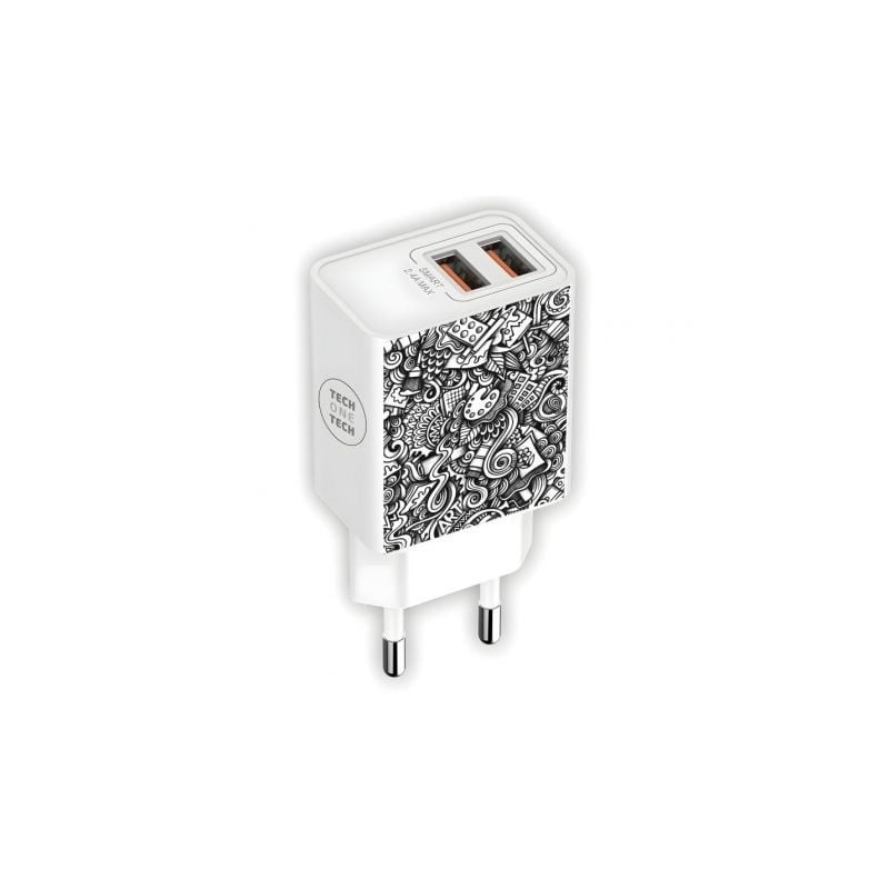 Cargador de Pared Tech One Tech Art-Deco TEC2510- 2xUSB- 2-4A- Blanco