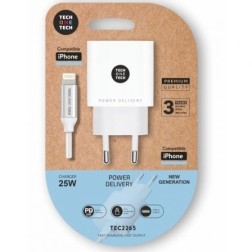 Cargador de Pared Tech One Tech TEC2265- 1xUSB Tipo-C + Cable Lightning- 3A- Blanco