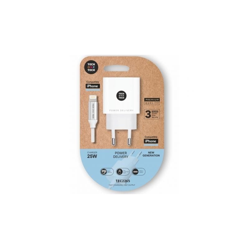 Cargador de Pared Tech One Tech TEC2265- 1xUSB Tipo-C + Cable Lightning- 3A- Blanco