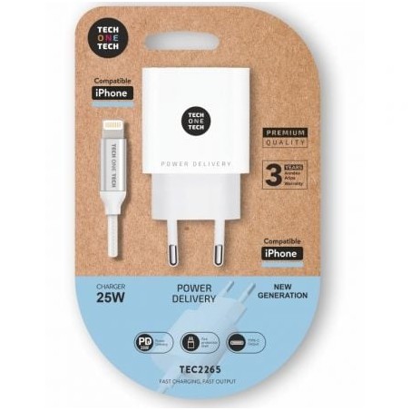 Cargador de Pared Tech One Tech TEC2265- 1xUSB Tipo-C + Cable Lightning- 3A- Blanco