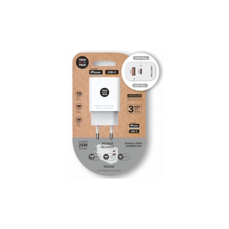 Cargador de Pared Tech One Tech TEC2267- 1xUSB Tipo-C- 1xUSB- 3A- Blanco