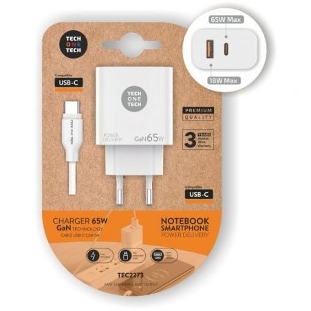 Cargador Gan de Pared Tech One Tech GaN PD TEC2273 - 1xUSB Tipo-C- 1x USB- 65W