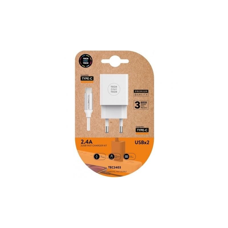 Cargador de Pared Tech One Tech TEC2403- 2xUSB + Cable USB Tipo-C- 2-4A- Blanco