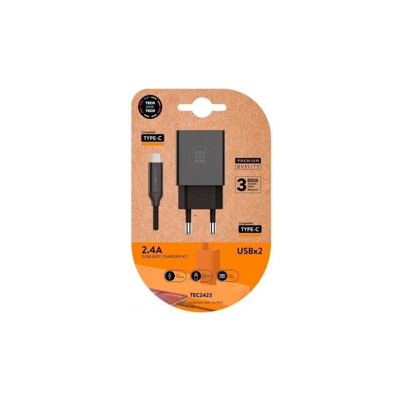 Cargador de Pared Tech One Tech TEC2423- 2xUSB + Cable USB Tipo-C- 2-4A- Negro