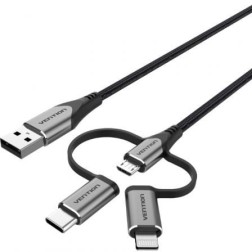 Cable USB 2-0 Tipo-C Vention CQJHG- USB Macho- USB Tipo-C Macho - MicroUSB Macho - Lightning Macho- 480Mbps- 1-5m- Gris