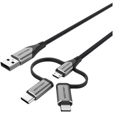 Cable USB 2-0 Tipo-C Vention CQJHG- USB Macho- USB Tipo-C Macho - MicroUSB Macho - Lightning Macho- 480Mbps- 1-5m- Gris